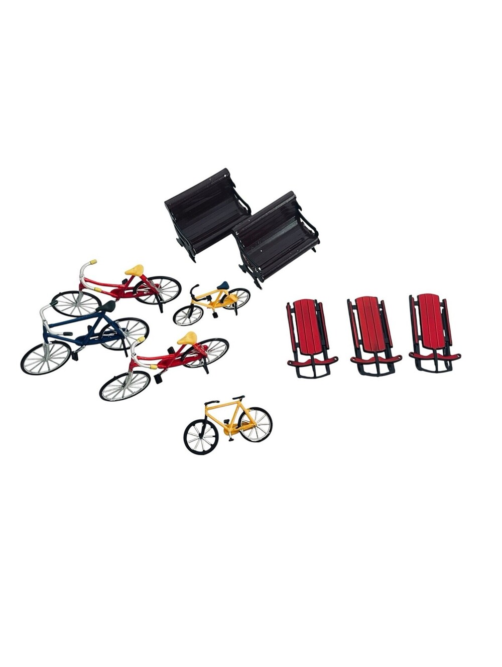 Vintage Lemax Lot Of 10 Christmas Village Accessories Bench Bikes Sleds